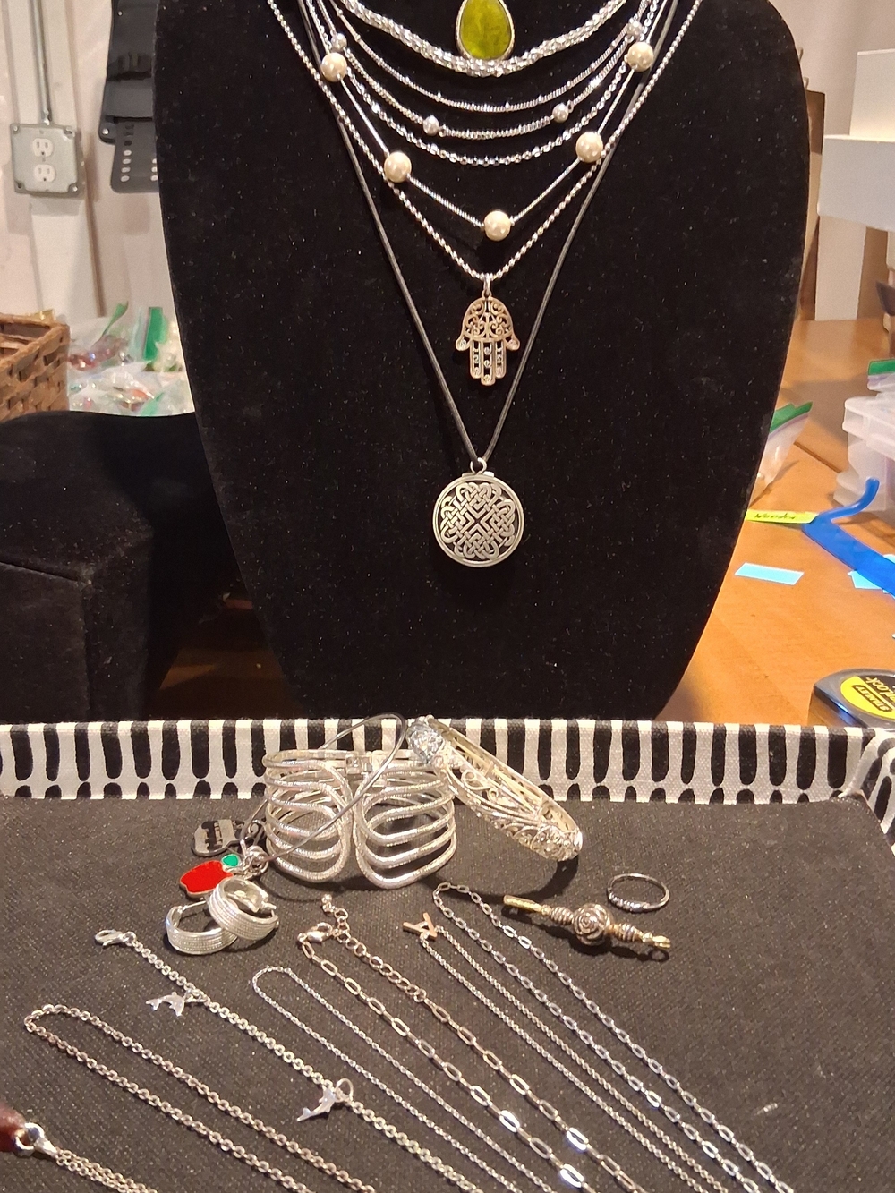 Multi-Layer Silver Tone Necklaces with Hamsa and Celtic Disc - Silver